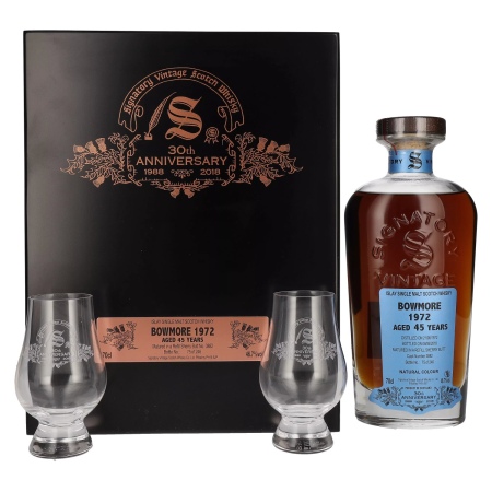 Signatory Vintage BOWMORE 45 Years Old 30th ANNIVERSARY 1972 46,7% Vol. 0,7l in Holzkiste mit 2 Gläsern